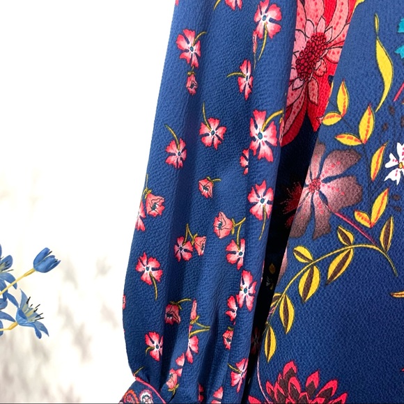 LOFT Women's Blue Pink Floral Mandarin Collar Long Sleeve Shift Dress - Picture 8 of 11